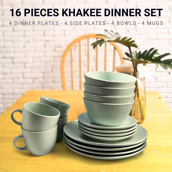 16-Piece Khakee Ceramic Dinner Set – Stoneware Plates, Bowls & Mugs – Modern Solid Colour Tableware for 4 – Microwave & Dishwasher Safe – Khakee Beige