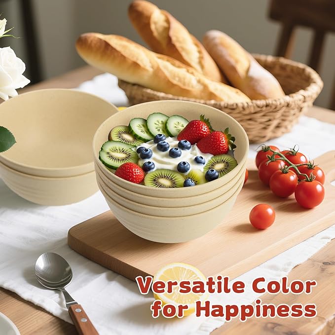 Wrova 6-piece Wheat Straw Bowls sets 26oz,Alternative Plastic Bowls Reusable for indoors and outdoors,Microwave-able and Dishwasher Safe Bowls Sets Easy to Clean.Beige Series