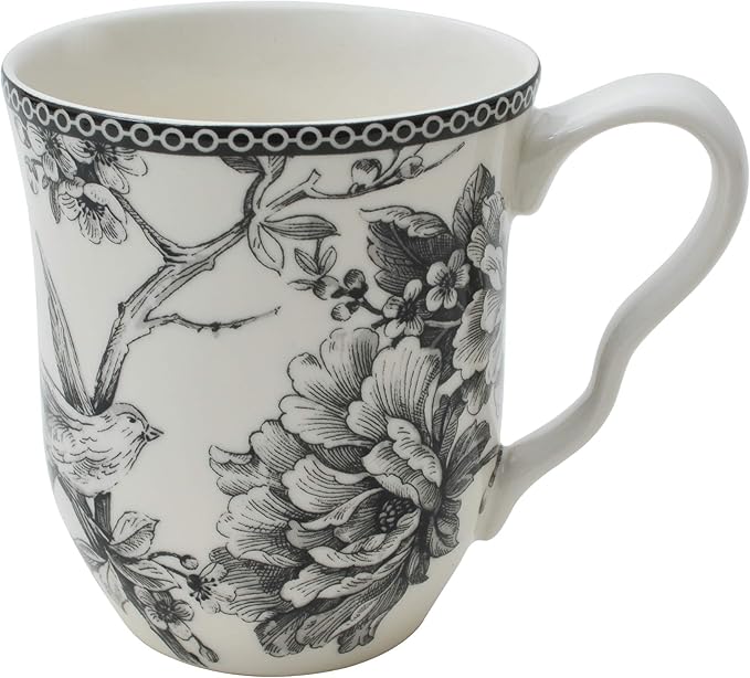 222 Fifth Adelaide 16-Piece Black Porcelain Dinnerware Set – Service for 4, Featuring Hand-Applied Romantic Woodland Bird Design, for Everyday Dining & Entertainment, Microwave & Dishwasher Safe