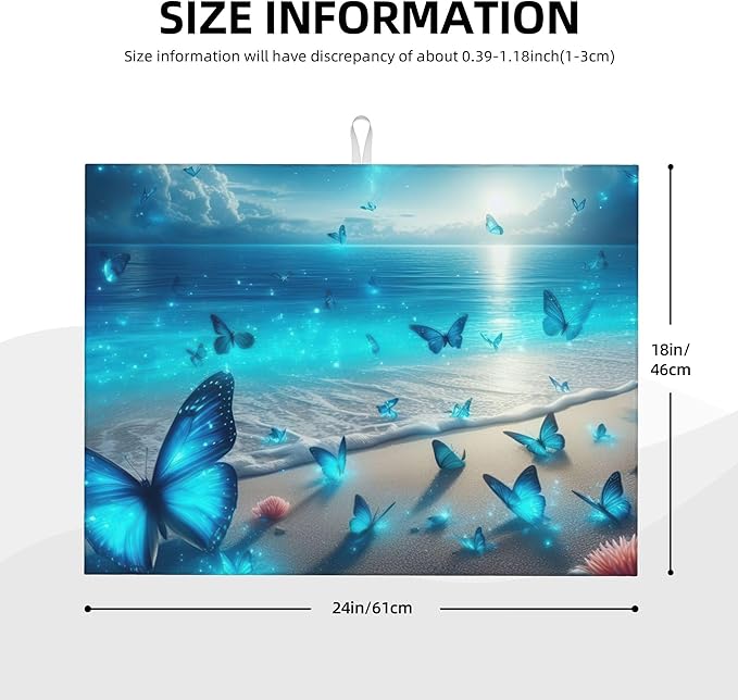 Blue Butterfly Beach Dish Drying Mat 18x24 Inch, Microfiber Absorbent Fast Dry Mat Large Dish Mat Drying Kitchen Mat, Kitchen Drying Pad for Kitchen Counter Coffee Bar Decor Gifts