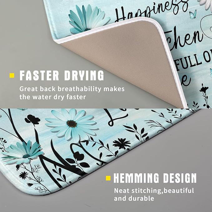 Blue Daisy Dish Drying Mat 16x18 Inch Love Kitchen Absorbent Microfiber Washable Fast Drying Pad Dishes Rack Mat for Kitchen Counter