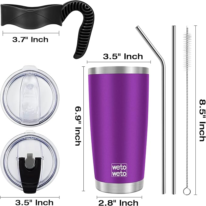 WETOWETO 20oz Tumbler with 2 lids and 2 straws, Stainless Steel Vacuum Insulated Water Coffee Tumbler Cup, Double Wall Powder Coated Spill-Proof Travel Mug Thermal Cup (Purple, 1 Pack)