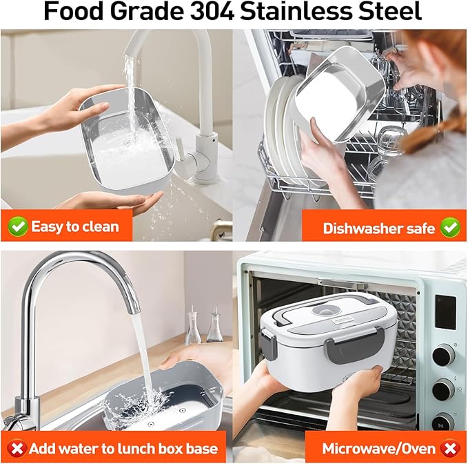 APSARAS USA Electric Lunch Box 60-80W Food Heater for Adults, 12/24/110V Portable Lunch Warmer Upgraded Heated Lunch Box for Car/Truck/Office with SS Fork&Spoon and Insulated Carry Bag (white)