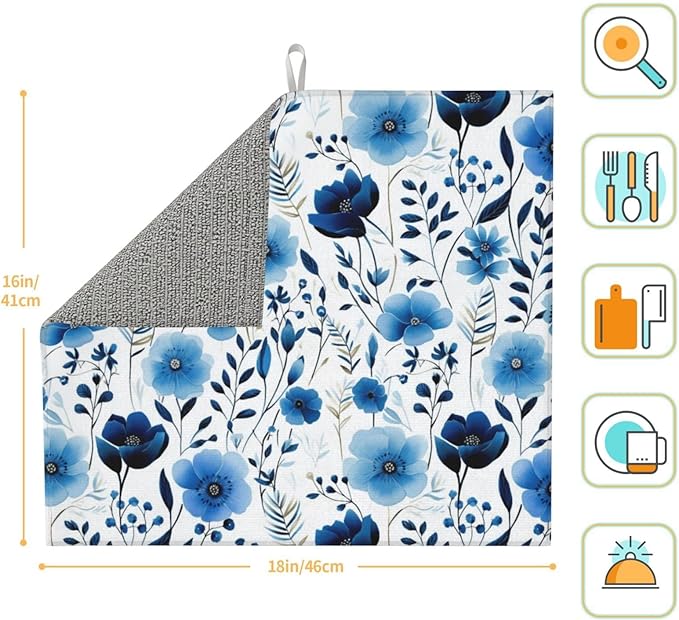 Blue White Floral Watercolor Dish Drying Mats, Absorbent Boho Blue Decorative Kitchen Counter Mat, 16" x 18", Polyester, Absorption, Foldable, for Kitchen Dishes Drainers, Small Appliances, Home Decor