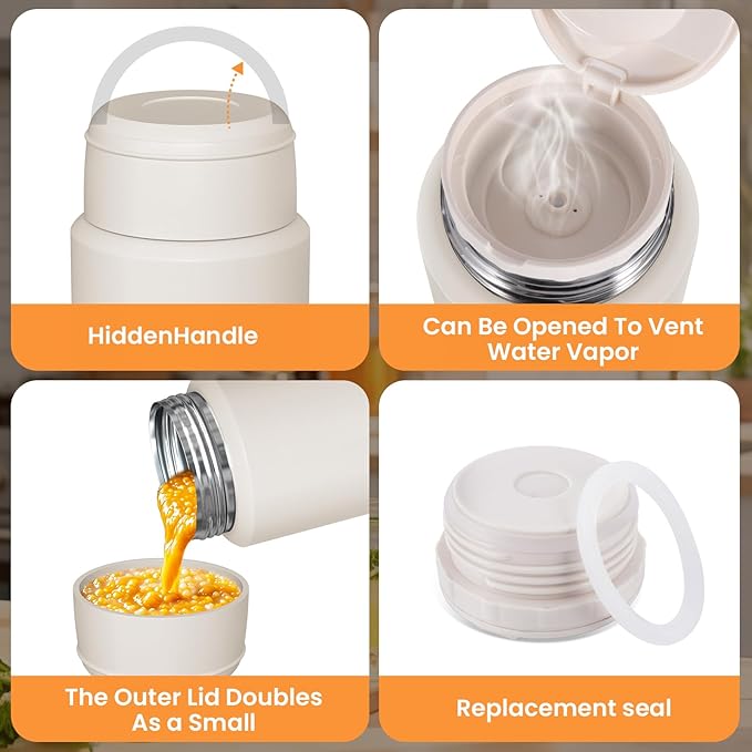 2 Pack Soup Thermo for Hot Food for Adults, Insulated Food Jar, Stainless Steel Vacuum Thermal Lunch Box Containers with Carry Bag and Spoon (18.5oz, 27oz) (White)