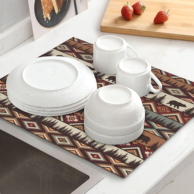 Vintage Rustic Dish Drying Mat for Kitchen Counter Bear Mountain Dish Drainer Rack Mats 16x18 Inch Absorbent Reversible Drying Pad Black