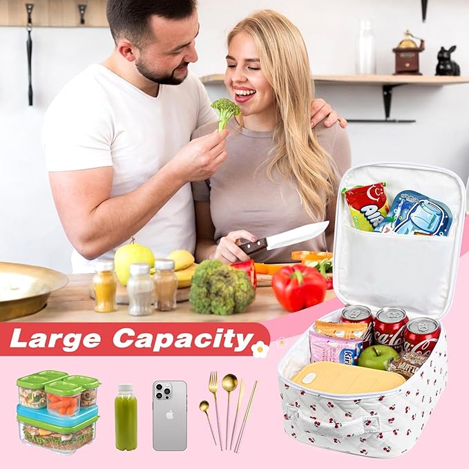 Aileam Lunch Box Lunch Bag for Women Cute Girls Insulated Womens Lunch Bag For Work Quilted Large Capacity Reusable Insulated Cooler for Work Picnic Travel Little Red Cherries