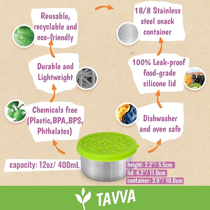 TAVVA 2 X 12 oz Stainless Steel Snack Containers with Lids - Leakproof w/Silicone Lids - BPA Free - Dishwasher & Freezer Safe - Portable & Reusable - Stainless Steel Food Containers 12 oz