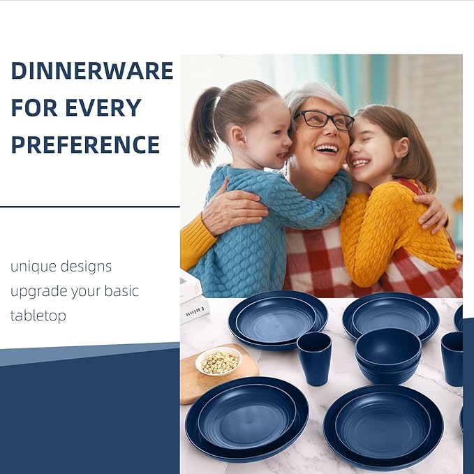 Blue Dinnerware Sets for 8,Blue Plates and Bowls Sets Plastic,Wheat Straw Dinnerware Sets Unbreakable Microwave Safe Lightweight,32 Pcs Dishes Set for 4th of july Apartment Essentials Dorm