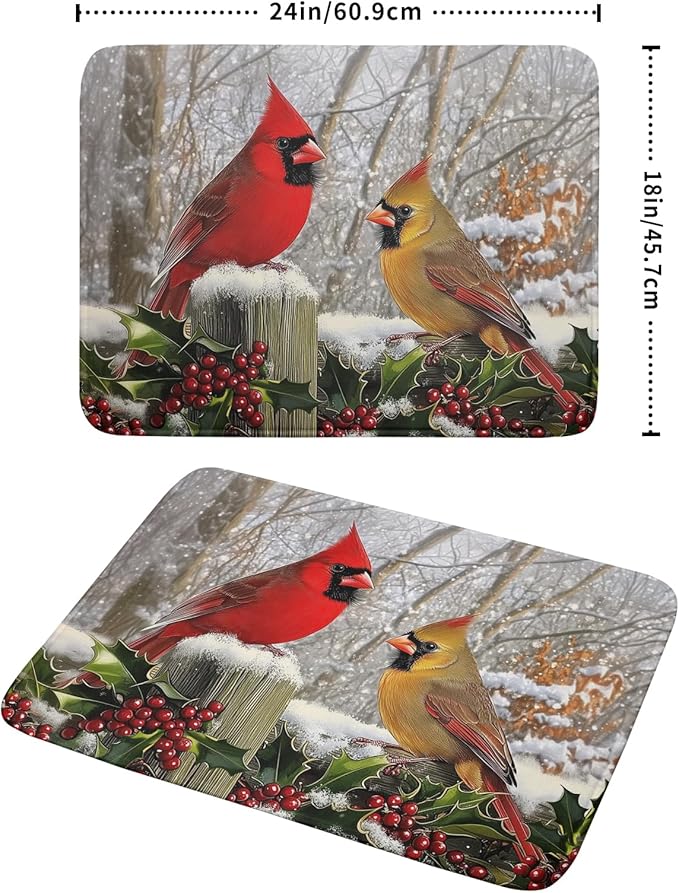 Winter Birds Dish Drying Mat Red Berry Dish Drainer Rack Mat Microfiber Absorbent Dish Drying Pad for Kitchen Counter Coffee Bar 18x24 Inch