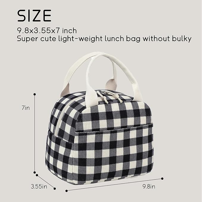 BTOOP Lunch Box for Women Men Cute Corduroy Lunch Bags Large Capacity Insulated Lunch Tote Bag For Work Travel Or Picnic (Black-White-Grey Checkered)