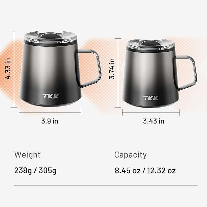 TKK 12 oz Insulated Coffee Mug with Handle Ceramic Coating Detachable Slider Lid Stainless Steel Tumbler Double Wall Vacuum Travel Cup