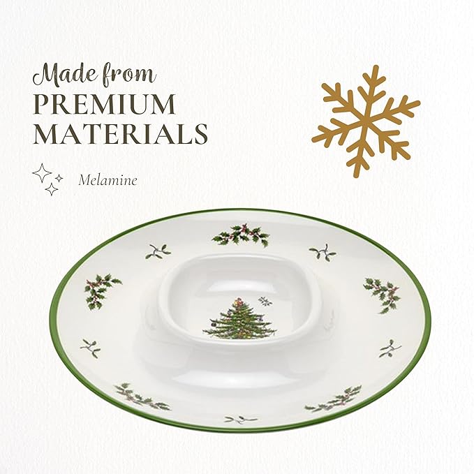 Spode Christmas Tree Melamine Chip & Dip - 14-Inch Serving Platter for Cheese, Appetizers, Chips, Salsa - Durable, Shatterproof, Dishwasher Safe - Ideal for Indoor & Outdoor Holiday Entertaining