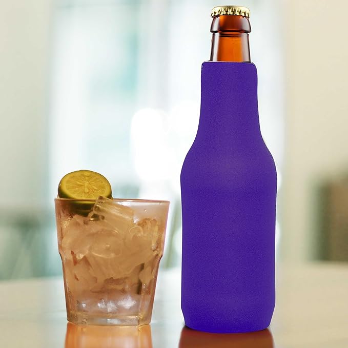 10 Neoprene Zippered Beer Bottle Coolies Pack - Sharkskin Rubber Bottom - Purple