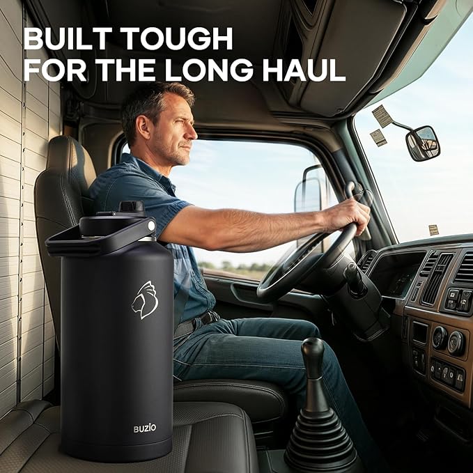 BUZIO 2 Gallon Water Bottle Insulated, (Cold for 48 Hrs) 256oz Extra Large Water Jug Stainless Steel, 4.4in Big Wide Mouth Leak Proof Metal Flask with Handle for Camping,Outdoor Work,Travel, Black