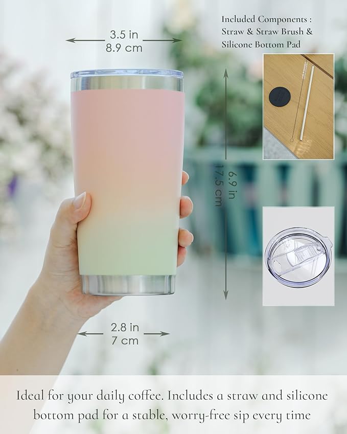 Travel Coffee Tumbler 20oz, 1 Pack Leakproof Travel Coffee Mug with Lid and Straw, Stainless Steel Double Wall Vacuum Insulated Tumbler for Hot/Iced Drinks (Textured Matte, Pink/Mint Green)