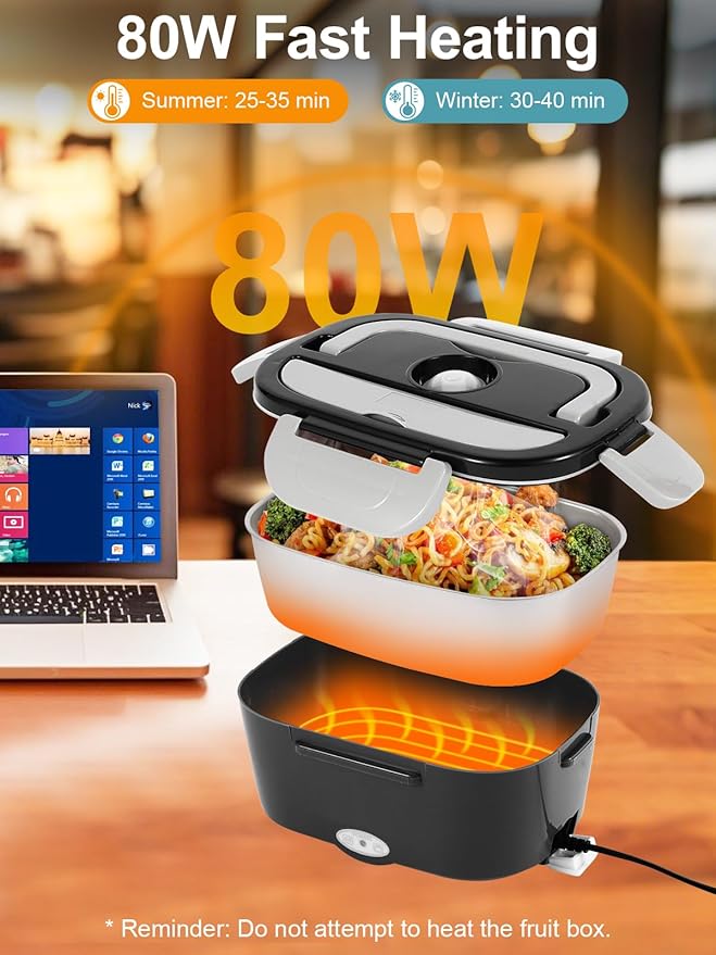 80W Electric Lunch Box for Adults, 1.5L Stainless Steel Food Warmer Lunchbox, 12V/24V/110V Portable Heated Lunch Box for Car/Truck/Office, Leak-Proof, Dishwasher-Safe with Fork & Spoon (Black)