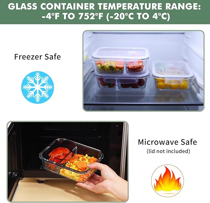 5-Pack Glass Storage Containers,Glass Food Container with Lid,Lunch Box,Bento Box,Storage Box,Meal Prep Containers,Lunch Containers,Fruit Preservation Boxes,Two-partition-White