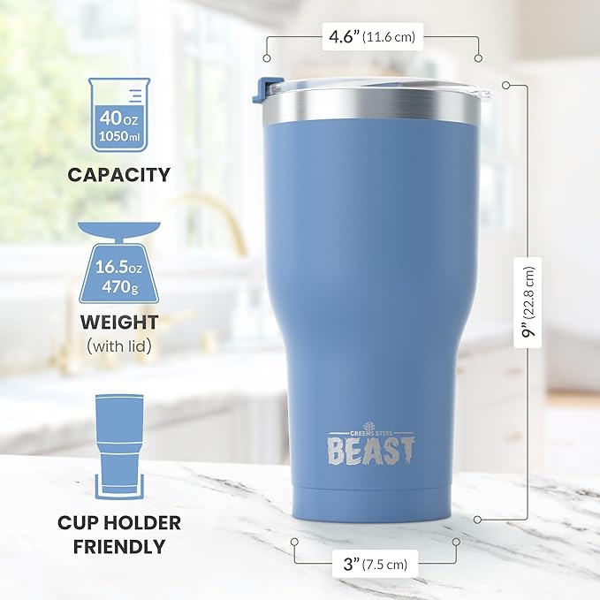 Beast 40 oz Tumbler Stainless Steel Vacuum Insulated Coffee Ice Cup Double Wall Travel Flask (Stormy Sky Blue)