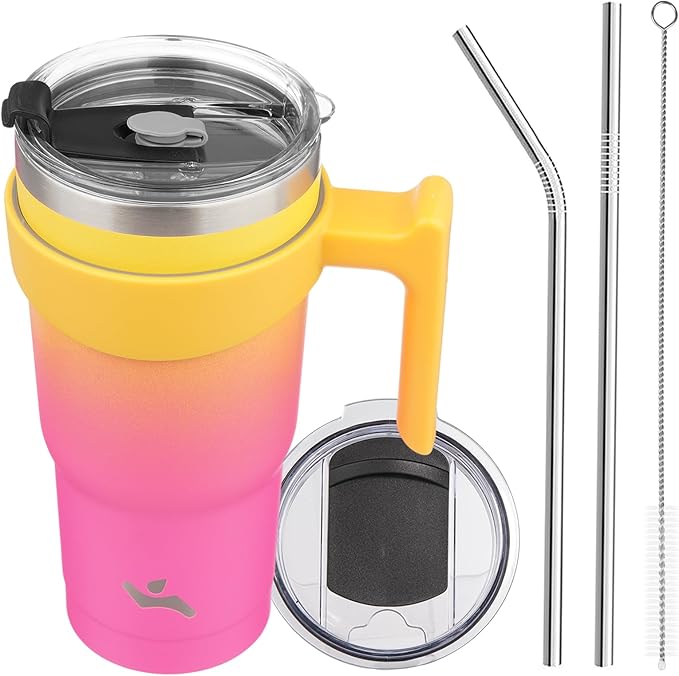 20 oz Tumbler with Handle and 2 Straw 2 Lid, Insulated Water Bottle Stainless Steel Vacuum Cup Reusable Travel Mug,Rainbow