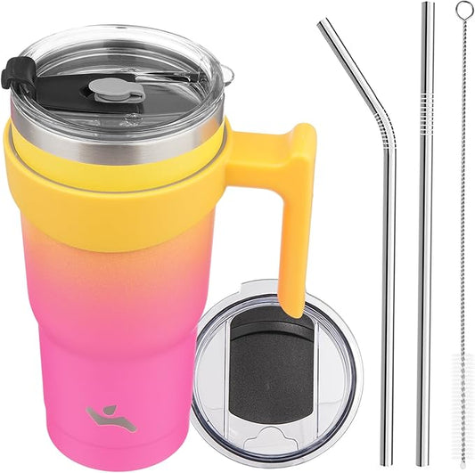 20 oz Tumbler with Handle and 2 Straw 2 Lid, Insulated Water Bottle Stainless Steel Vacuum Cup Reusable Travel Mug,Rainbow