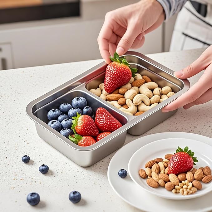 3 Pack Stainless Steel Snack Containers - Reusable 2 Compartment Lunchable Snack Prep Containers with Leakproof Lids, Grab and Go Divided Food Lunch Storage Containers for School, Travel