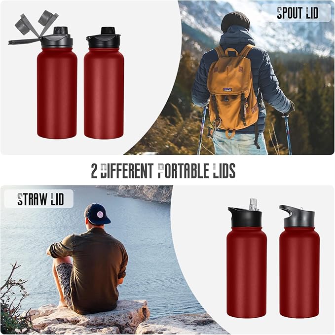 32 oz Insulated Water Bottle with Straw Lid & Wide Mouth Lids, Stainless Steel Sports Water Bottles, Double Walled Vacuum, Leak Proof, Red