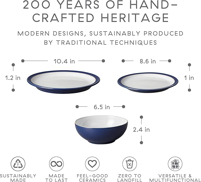 Denby - Elements Dark Blue Dinner Set For 4-12 Piece Simple Ceramic Stoneware Tableware Set - Dishwasher Microwave Oven Safe - Scratch Chip Resistant