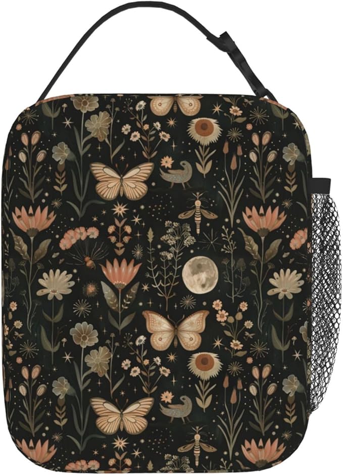 SUPLUCHOM Lunch Bag Vintage Butterfly Moon Flower Insulated Bento Box Cooler with Side Pocket for Girl Boy Women Men Work School Picnic Hiking Daytrip