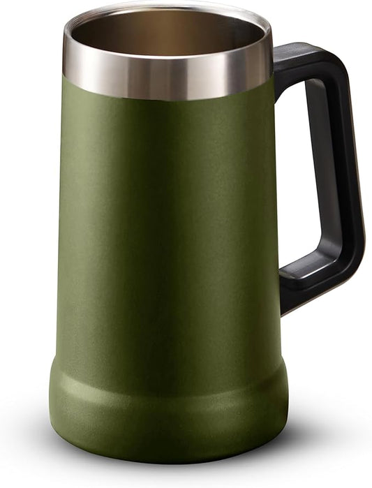 KooK Beer Stein, Stainless Steel Coffee Mug, Tumbler with Thermal Vacuum Insulation, Double Walled Drinking Cup, Large Handle, Shatterproof, Olive, 23.7 oz
