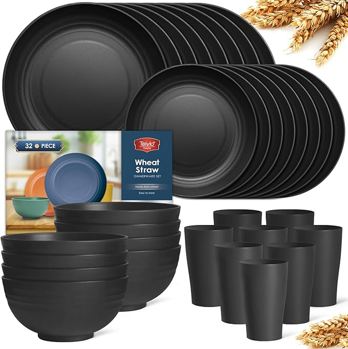 Teivio 32-Piece Kitchen Plastic Wheat Straw Dinnerware Set, Service for 8, Dinner Plates, Dessert Plate, Cereal Bowls, Cups, Unbreakable Colorful Plastic Outdoor Camping Dishes, Deep Black