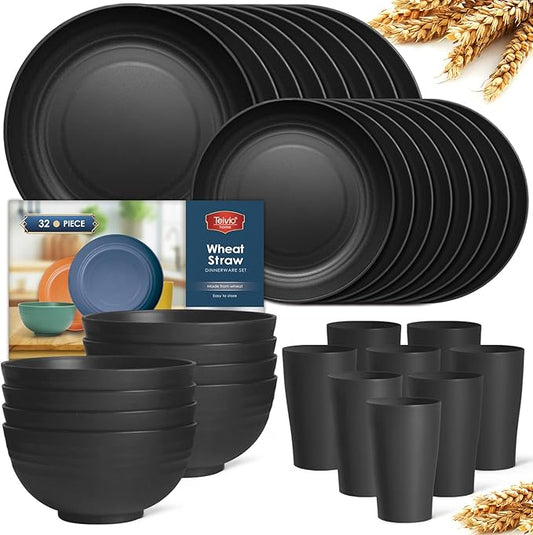 Teivio 32-Piece Kitchen Plastic Wheat Straw Dinnerware Set, Service for 8, Dinner Plates, Dessert Plate, Cereal Bowls, Cups, Unbreakable Colorful Plastic Outdoor Camping Dishes, Deep Black