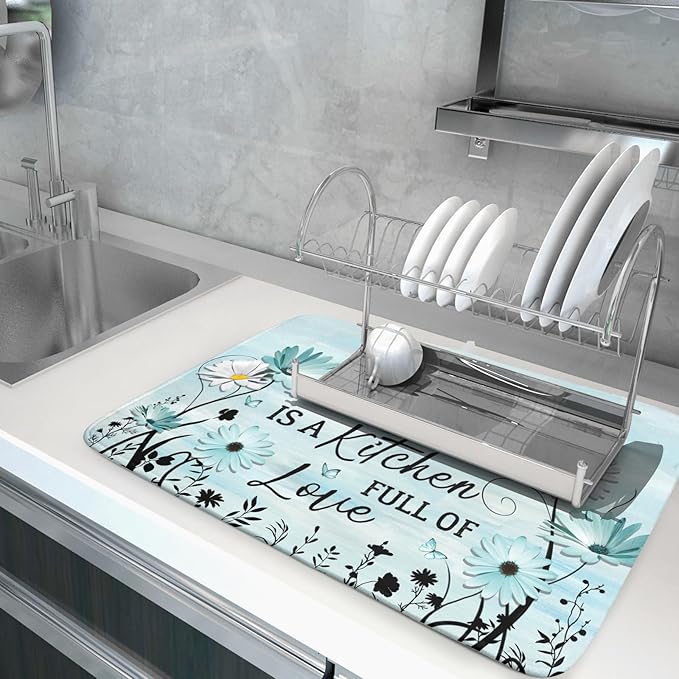 Blue Daisy Dish Drying Mat 18x24 Inch Love Kitchen Absorbent Microfiber Washable Fast Drying Pad Dishes Rack Mat for Kitchen Counter