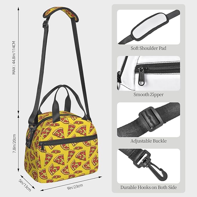 Pizza Reusable Insulated Lunch Box Waterproof Lunch Bag with Detachable and Adjustable Shoulder Strap for Office Picnic or Travel