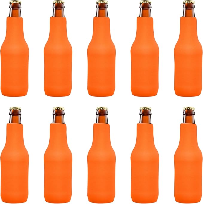 10 Neoprene Zippered Beer Bottle Coolies Pack - Sharkskin Rubber Bottom - Neon Orange