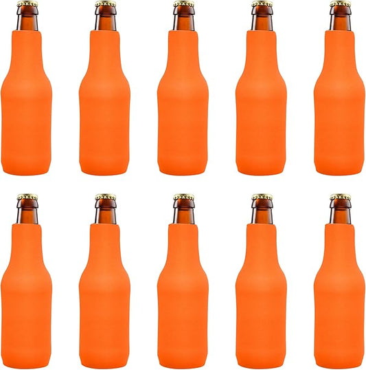 10 Neoprene Zippered Beer Bottle Coolies Pack - Sharkskin Rubber Bottom - Neon Orange