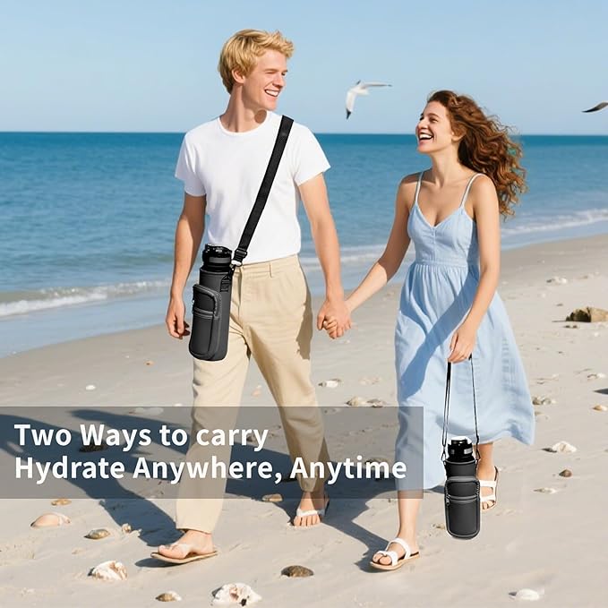 Water Bottle with Carrier Bag, 32 oz Sports Water Bottles with Time Marker Wide Mouth, Motivational and Leakproof Drink Bottle, BPA Free Tritan with Carry Strap for Gym Fitness Outdoor