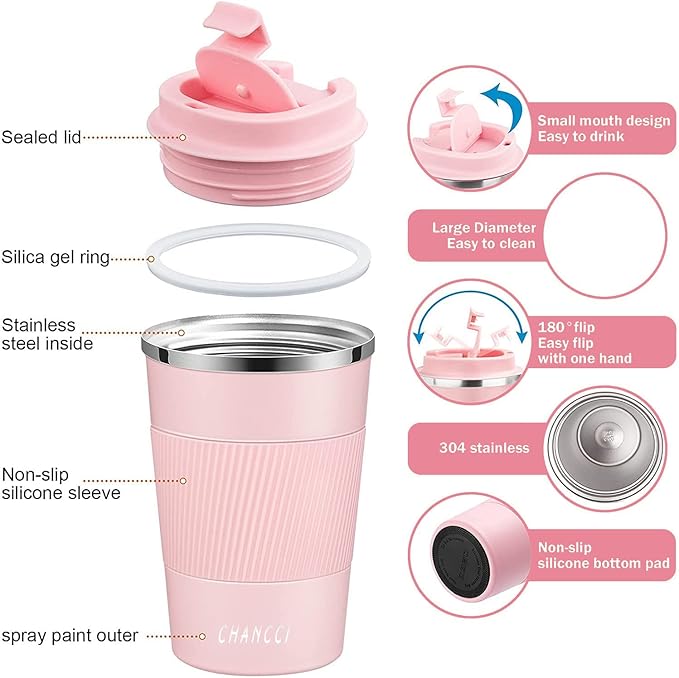 Travel Coffee Mug Spill Proof Leakproof 12 oz Insulated Coffee Mug with Screw Lid, Stainless Steel Vacuum Tumbler Reusable Thermal Coffee Cup to go for Hot and Cold Drinks -380ml, Pink