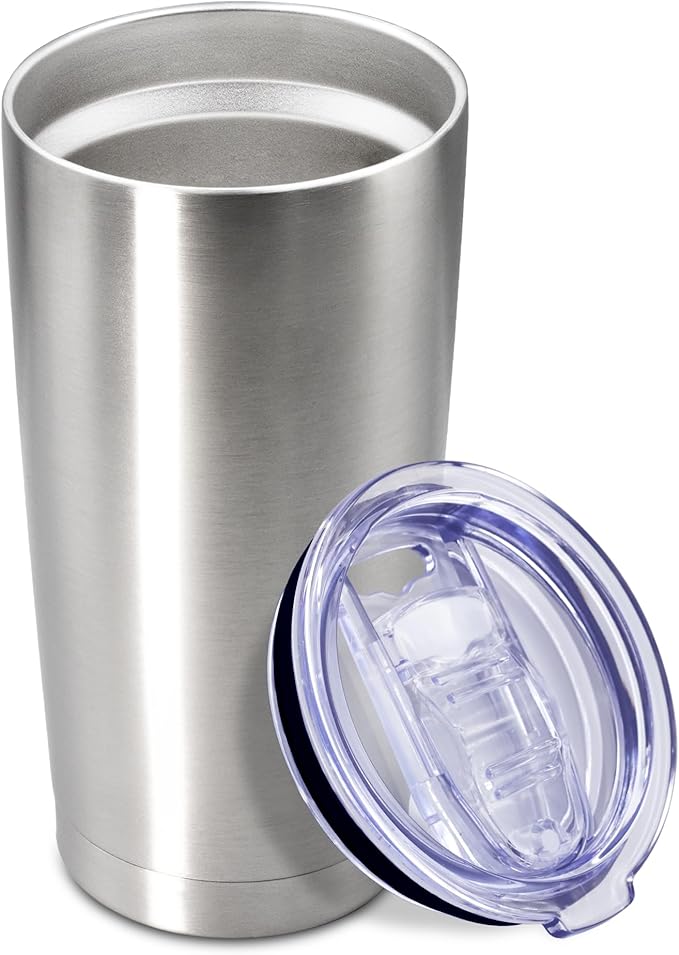 20 oz Tumbler Coffee Tavel Tumblers Bulk with Lid Stainless Steel Double Wall Vacuum Insulated Mug Powder Coated Cups fit Car Cupholder for Hot and Cold - Stainless Steel, 1Pack