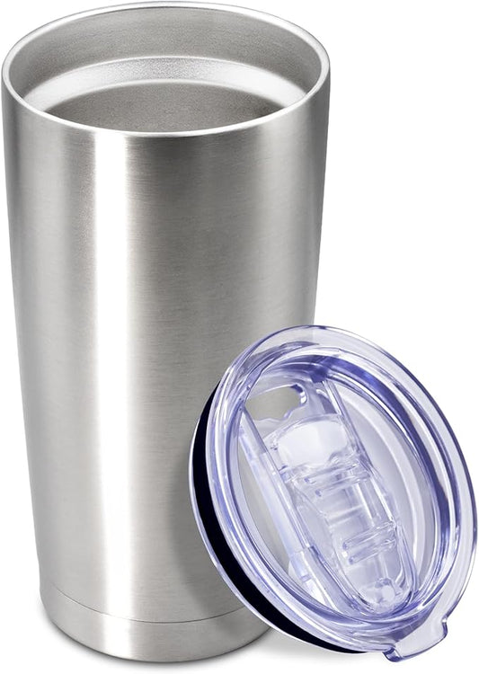 20 oz Tumbler Coffee Tavel Tumblers Bulk with Lid Stainless Steel Double Wall Vacuum Insulated Mug Powder Coated Cups fit Car Cupholder for Hot and Cold - Stainless Steel, 1Pack