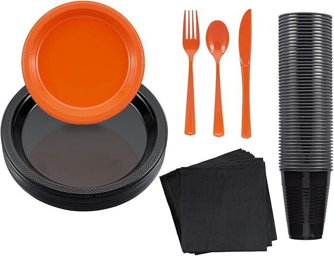350 Pcs Orange & Black Plastic Plates For Party, Orange & Black Disposable Plates Set, 50 Of Each 9" Dinner Plate Set, 7" Dessert Plate, Cups, Napkins & Cutlery Plastic Dinnerware Party Solids