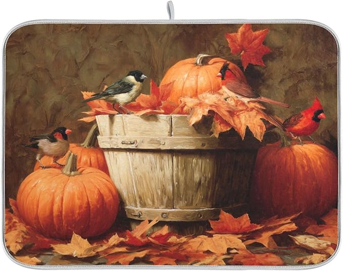 Pumpkins Autumn Leaves Birds Dish Drying Mat for Kitchen Counter Super Absorbent Dishes Pad Reversible Microfiber Protector Dish Draining Mats 16x18 inch