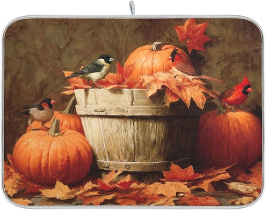 Pumpkins Autumn Leaves Birds Dish Drying Mat for Kitchen Counter Super Absorbent Dishes Pad Reversible Microfiber Protector Dish Draining Mats 18x24 inch