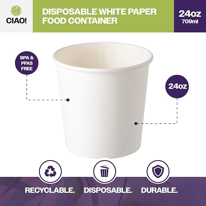 CIAO! 24OZ Disposable White Paper Food Container, 115mm Diameter, Lids Sold Separately (500/case)