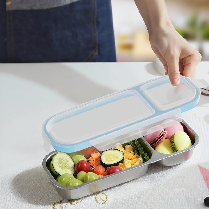 Stainless Steel Snack Containers for Kids Adults, 4 Pack 2 Compartment Metal Snack Containers Box with Lid, Reusable Food Storage Container, Leak Proof, Grab and Go