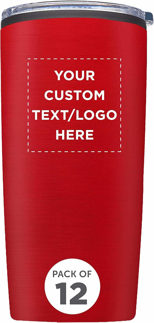 Custom Plastic Tumblers 20 oz. Set of 12, Personalized Bulk Pack - With lids, Ice Coffee Tumbler, To Go Cup, Insulated - Red