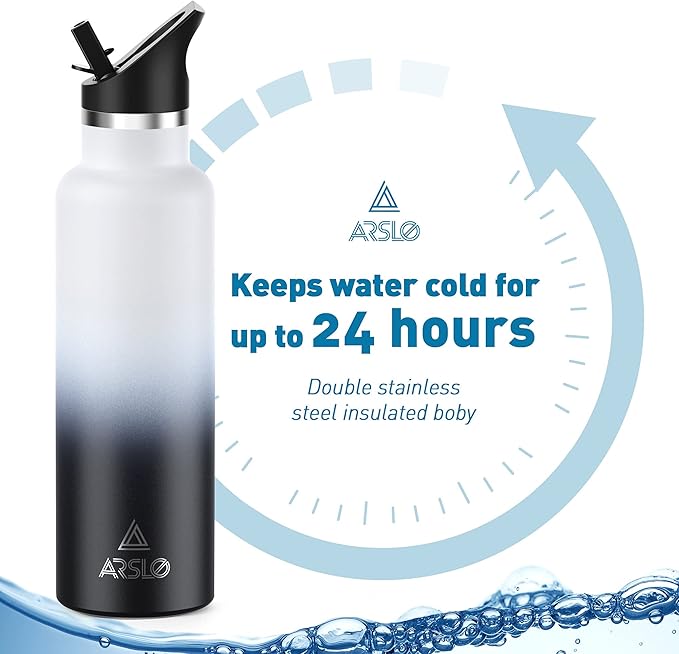 Stainless Steel Double Wall Water Bottles, Vacuum Insulated Bottle With Straw Lid, Insulated Water Bottle Keeps Water Cold for 24 Hours, Hot for 12 Hours, Hiking, Sports