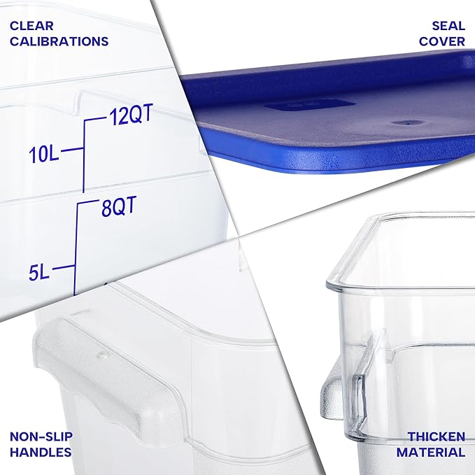 4 Pack Food Storage Containers, 12 Quart with Lids, Square Commercial Containers with Scale, NSF, Polycarbonate, Clear