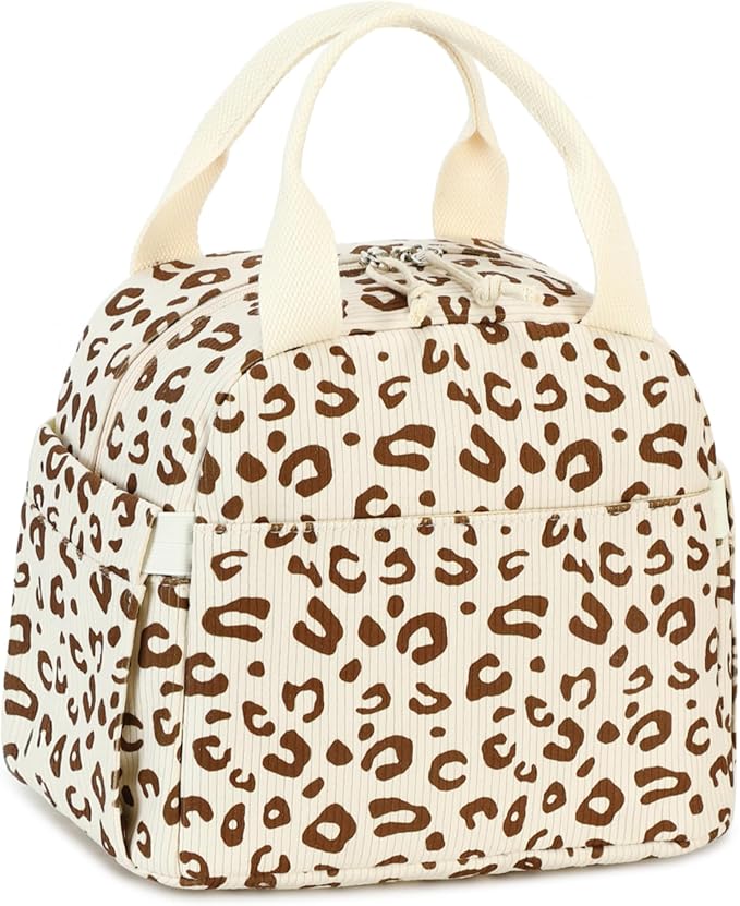 BTOOP Lunch Box for Women Men Cute Corduroy Lunch Bags Large Capacity Insulated Lunch Tote Bag For Work Travel Or Picnic (Beige-Brown-Leopard)
