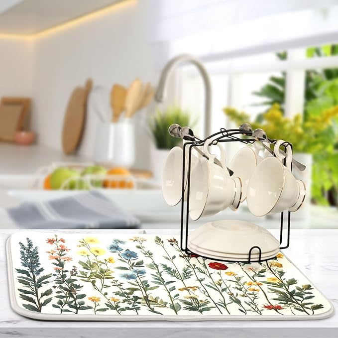 Vintage Plants and Colorful Flowers Dish Drying Mat for Kitchen Counter Super Absorbent Dishes Pad Reversible Microfiber Protector Dish Draining Mats 16x18 inch